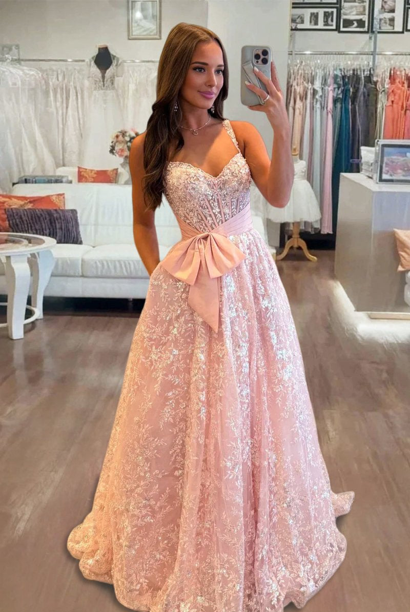Madilyn | Pink - Sweetheart A Line Sequined Lace Long Prom Dresses With Bow - KissProm