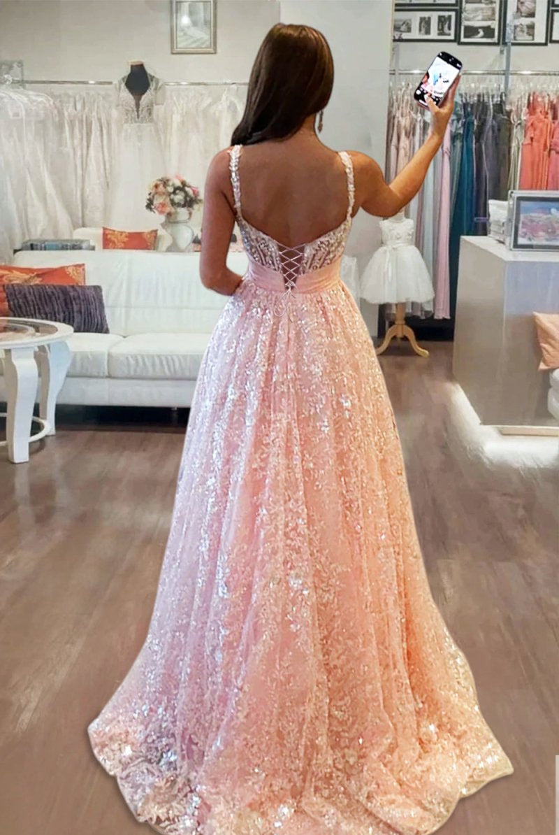 Madilyn | Pink - Sweetheart A Line Sequined Lace Long Prom Dresses With Bow - KissProm