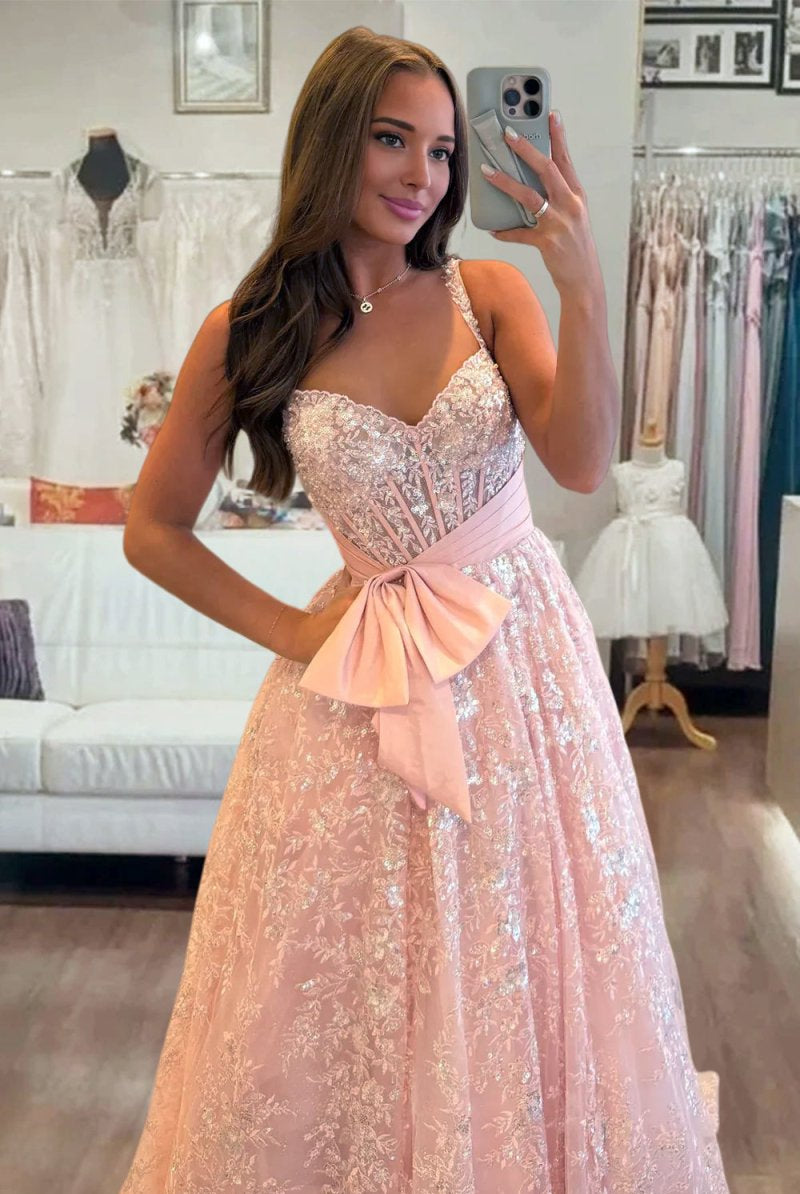 Madilyn | Pink - Sweetheart A Line Sequined Lace Long Prom Dresses With Bow - KissProm