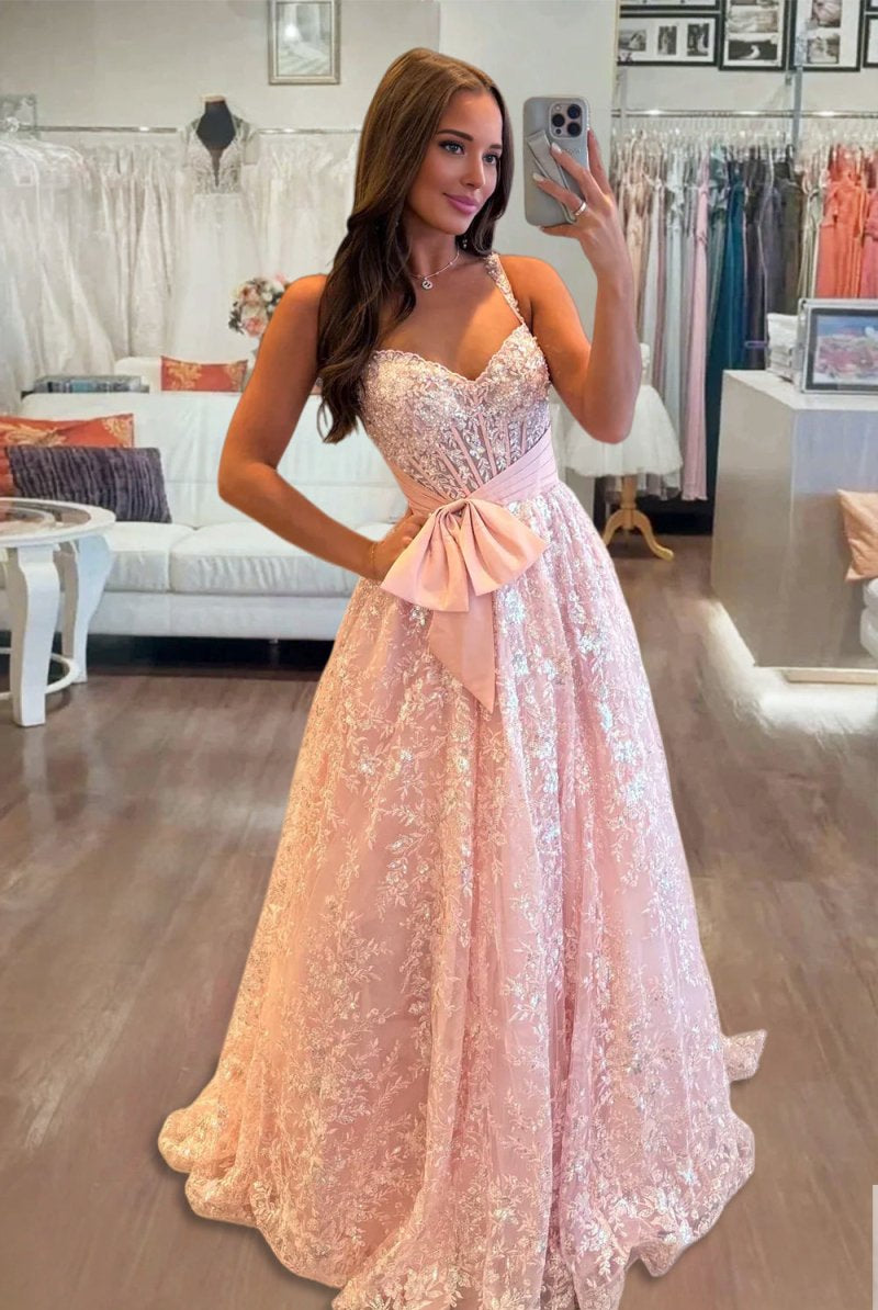 Madilyn | Pink - Sweetheart A Line Sequined Lace Long Prom Dresses With Bow - KissProm