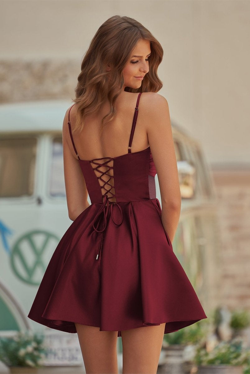 Maelwin | Burgundy - A Line Straps Satin Short Homecoming Dresses With Flower