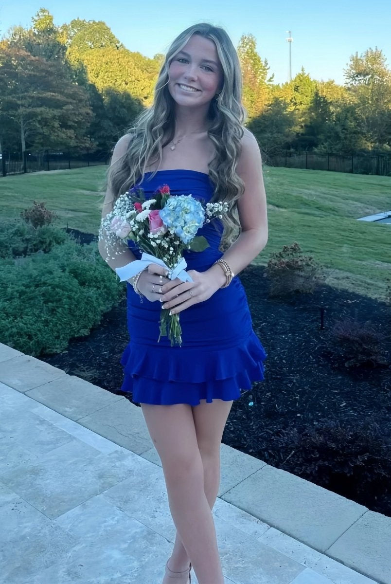 Maevira | Royal Blue - Strapless Bodycon Spandex Ruffles Short Homecoming Dresses