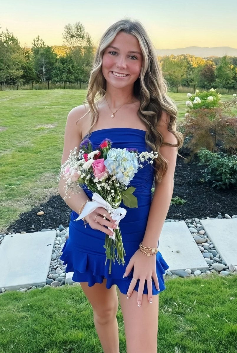 Maevira | Royal Blue - Strapless Bodycon Spandex Ruffles Short Homecoming Dresses