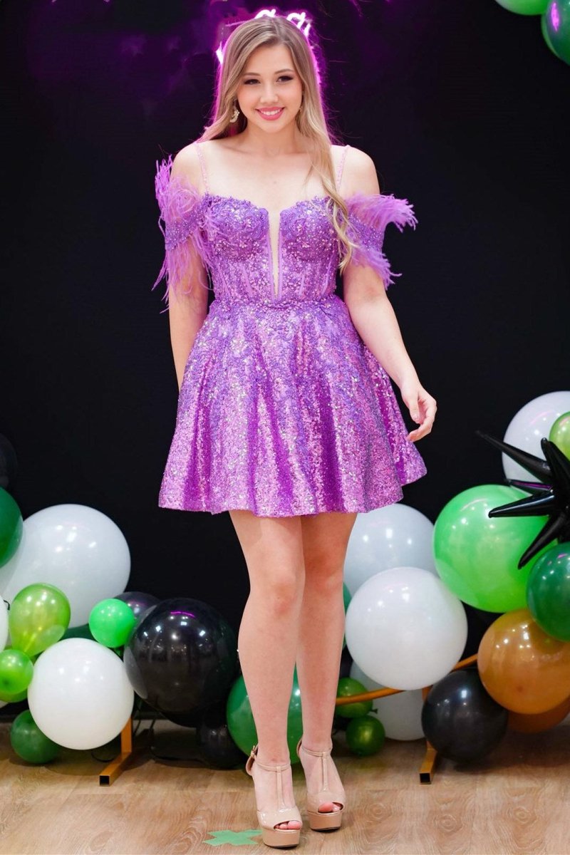 Purple Sequin Feather Cold-Shoulder A-Line Short Dress Purple Sequin Feather Cold-Shoulder A-Line Short Dress
