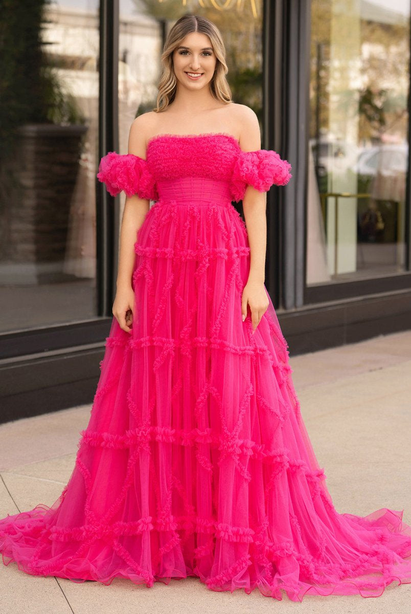 Lainey |A-Line Strapless Ruffles Long Formal Dress with Puff Sleeves