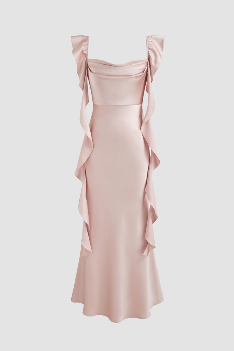 Majory | Pink - Sheath Cowl Neck Satin Pleated Formal Prom Dresses With Ruffles - KissProm