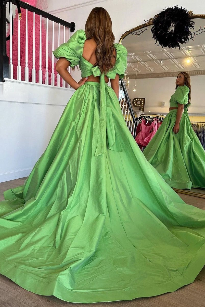 Makai | Green Two-Piece Puff Sleeves Satin Long Prom Dress With Split