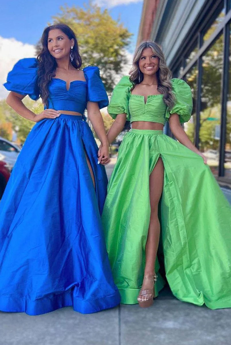 Makai | Green Two-Piece Puff Sleeves Satin Long Prom Dress With Split