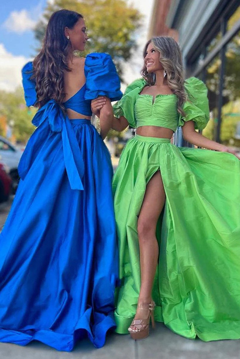 Makai | Green Two-Piece Puff Sleeves Satin Long Prom Dress With Split