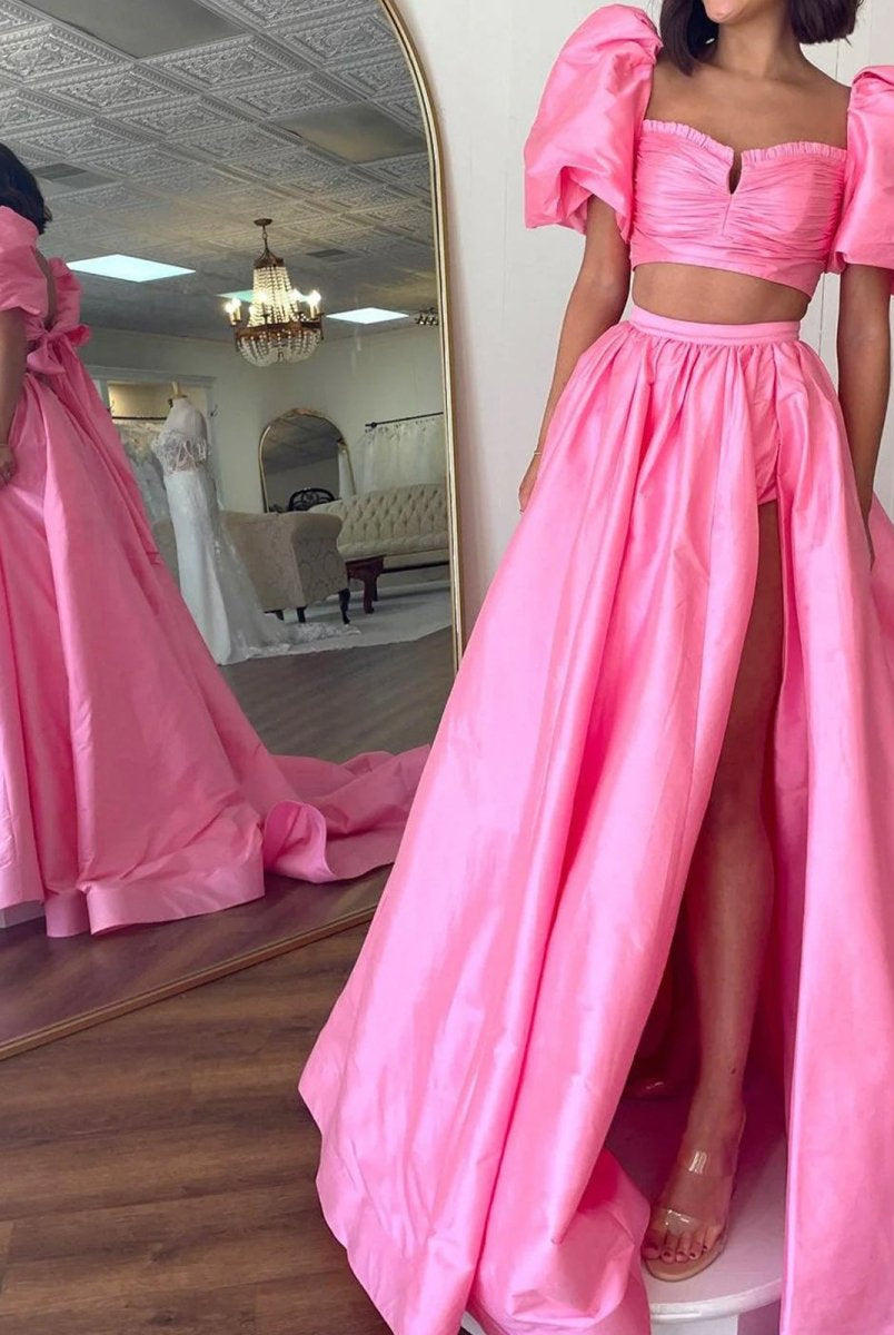 Makai | Green Two-Piece Puff Sleeves Satin Long Prom Dress With Split