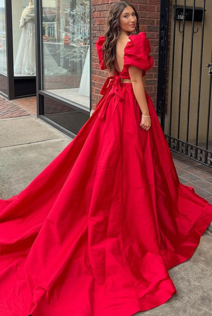 Makai | Green Two-Piece Puff Sleeves Satin Long Prom Dress With Split