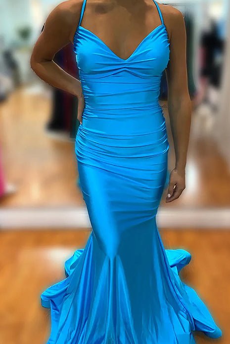 Barrie | Mermaid Spaghetti Straps Blue Satin Long Prom Dress with Criss Cross Back - KissProm