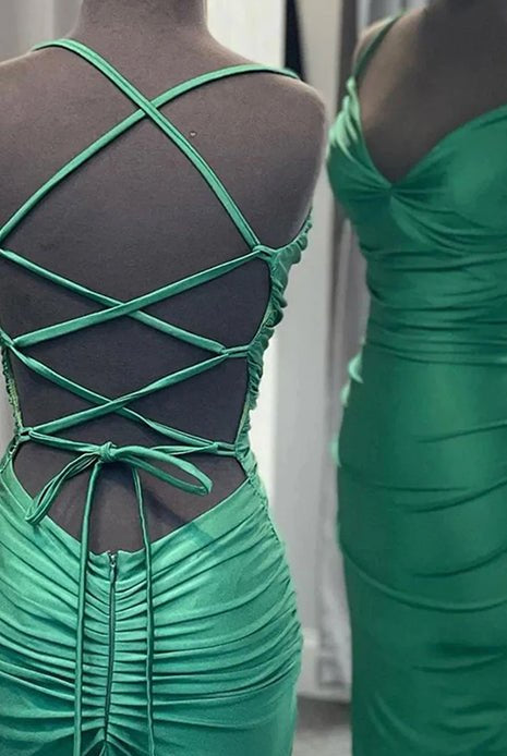 Barrie | Mermaid Spaghetti Straps Blue Satin Long Prom Dress with Criss Cross Back - KissProm