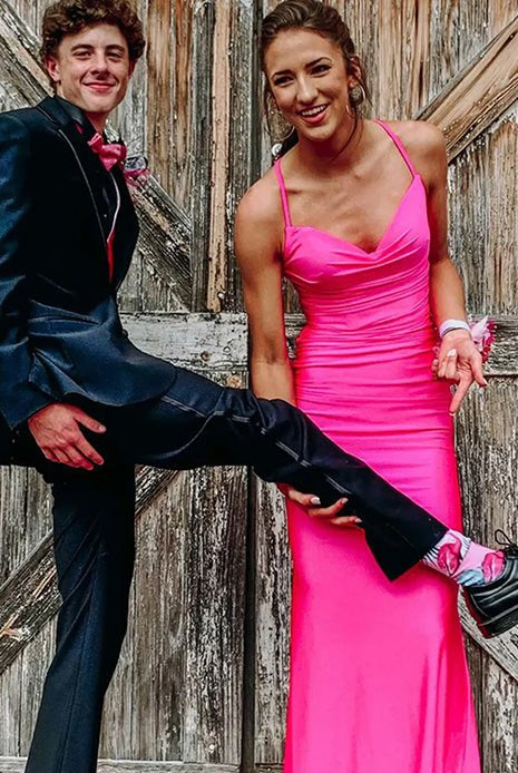 Barrie | Mermaid Spaghetti Straps Blue Satin Long Prom Dress with Criss Cross Back - KissProm