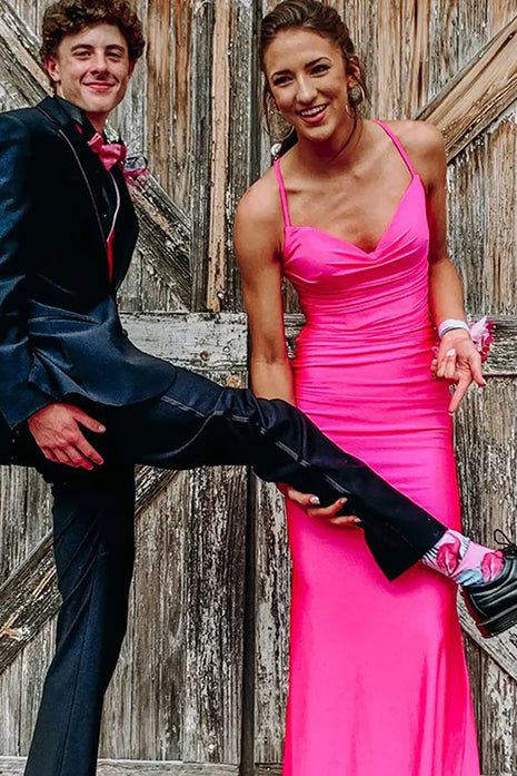 Barrie | Mermaid Spaghetti Straps Blue Satin Long Prom Dress with Criss Cross Back - KissProm