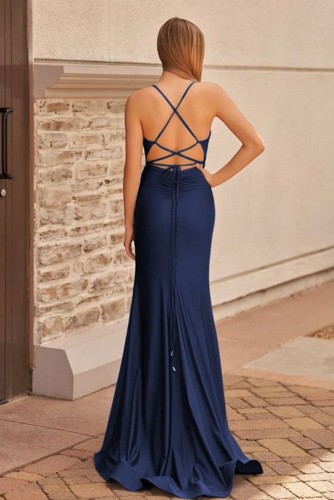 Mako | Cute Mermaid V Neck Blue Satin Slit Prom Dress