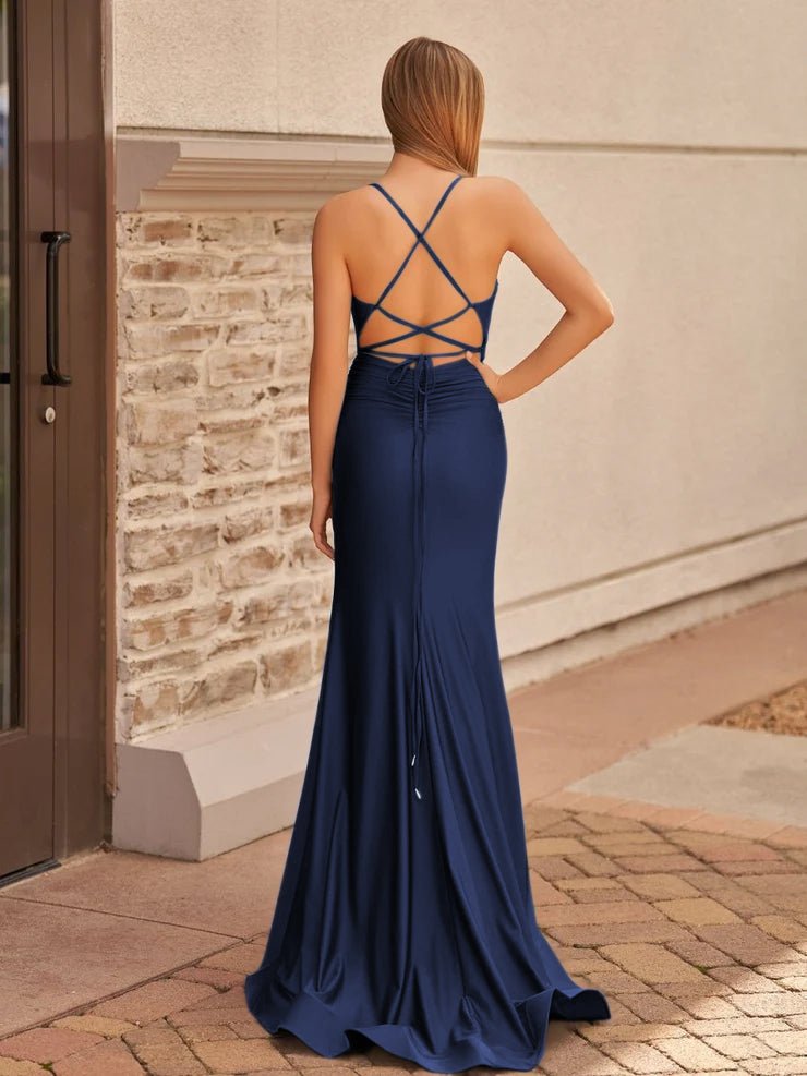 Mako | Cute Mermaid V Neck Blue Satin Slit Prom Dress