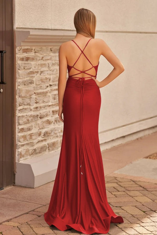 Mako | Cute Mermaid V Neck Blue Satin Slit Prom Dress