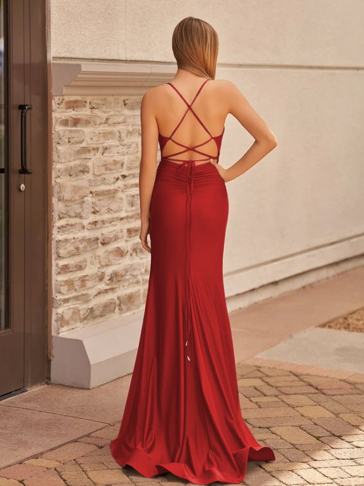 Mako | Cute Mermaid V Neck Blue Satin Slit Prom Dress