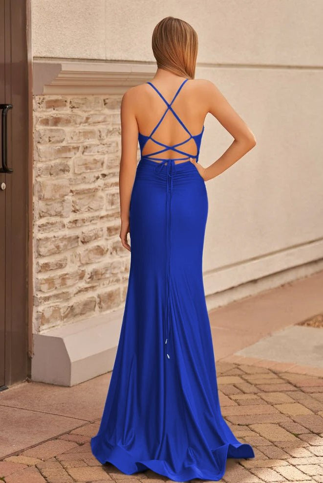 Mako | Cute Mermaid V Neck Blue Satin Slit Prom Dress