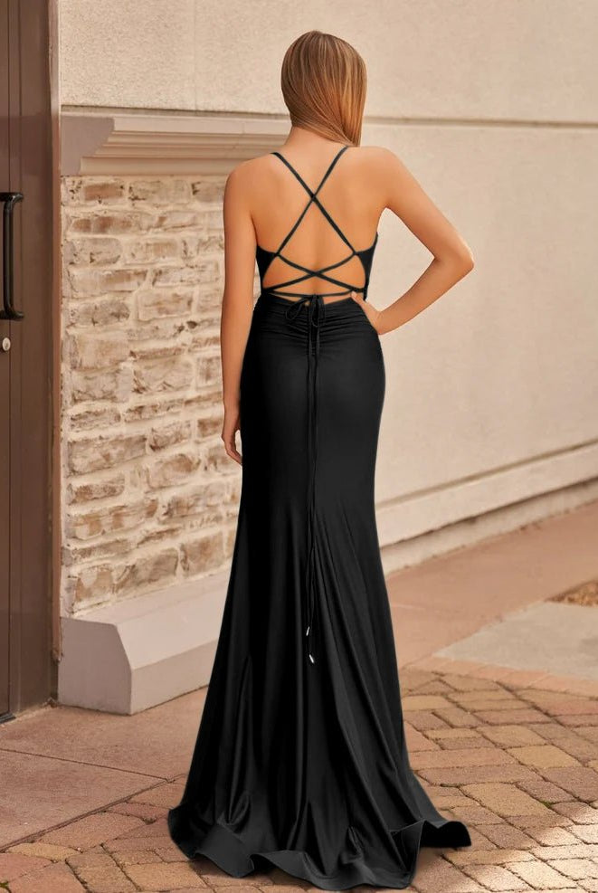 Mako | Cute Mermaid V Neck Blue Satin Slit Prom Dress