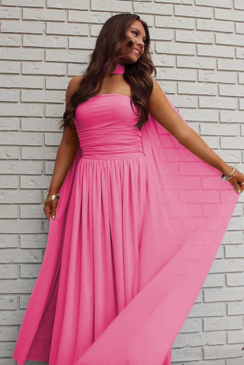 Mallory | Sky Blue - Strapless Chiffon Pleated A Line Long Prom Dresses With Scarf - KissProm