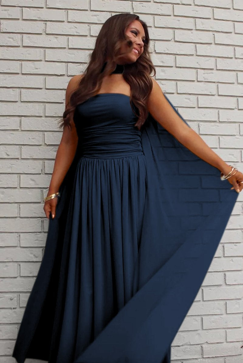 Mallory | Sky Blue - Strapless Chiffon Pleated A Line Long Prom Dresses With Scarf - KissProm