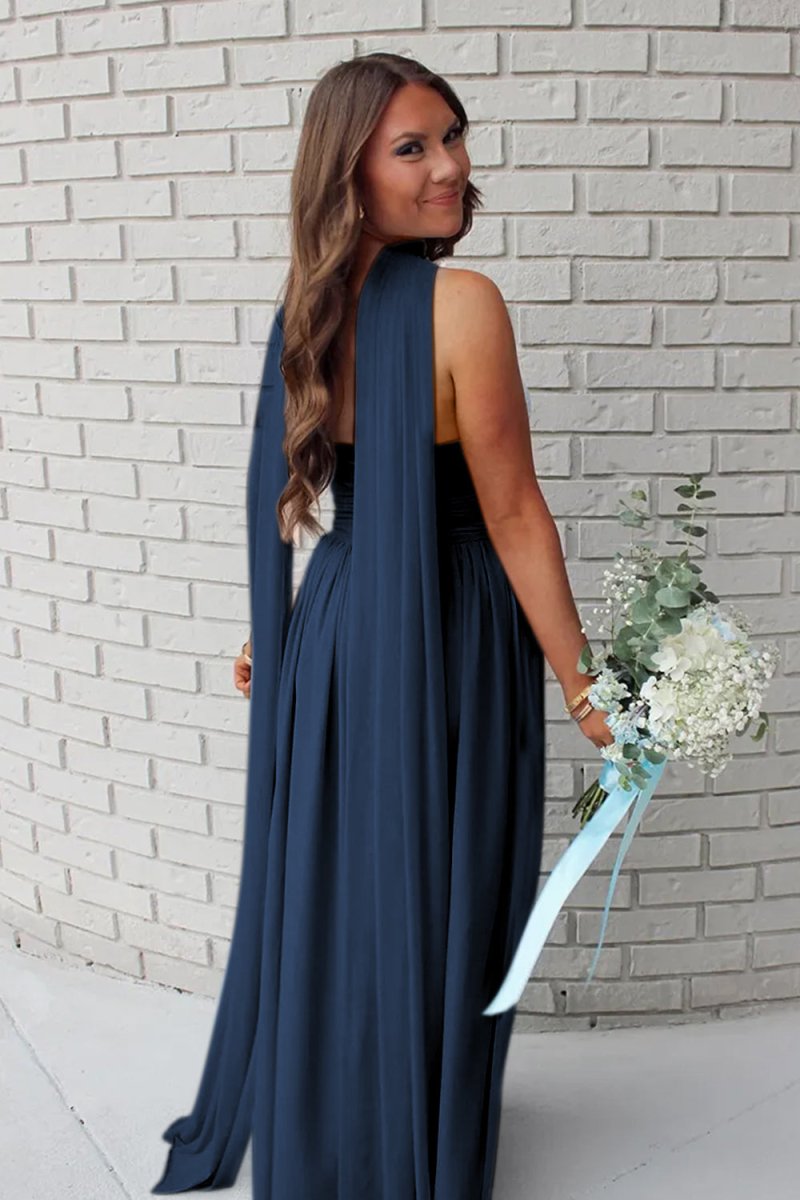 Mallory | Sky Blue - Strapless Chiffon Pleated A Line Long Prom Dresses With Scarf - KissProm