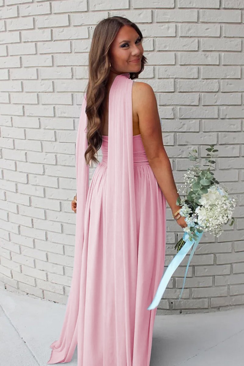 Mallory | Sky Blue - Strapless Chiffon Pleated A Line Long Prom Dresses With Scarf - KissProm