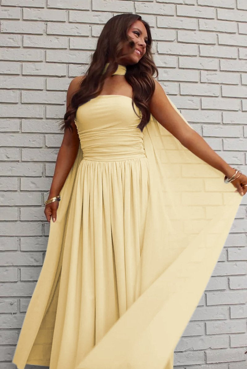 Mallory | Sky Blue - Strapless Chiffon Pleated A Line Long Prom Dresses With Scarf - KissProm