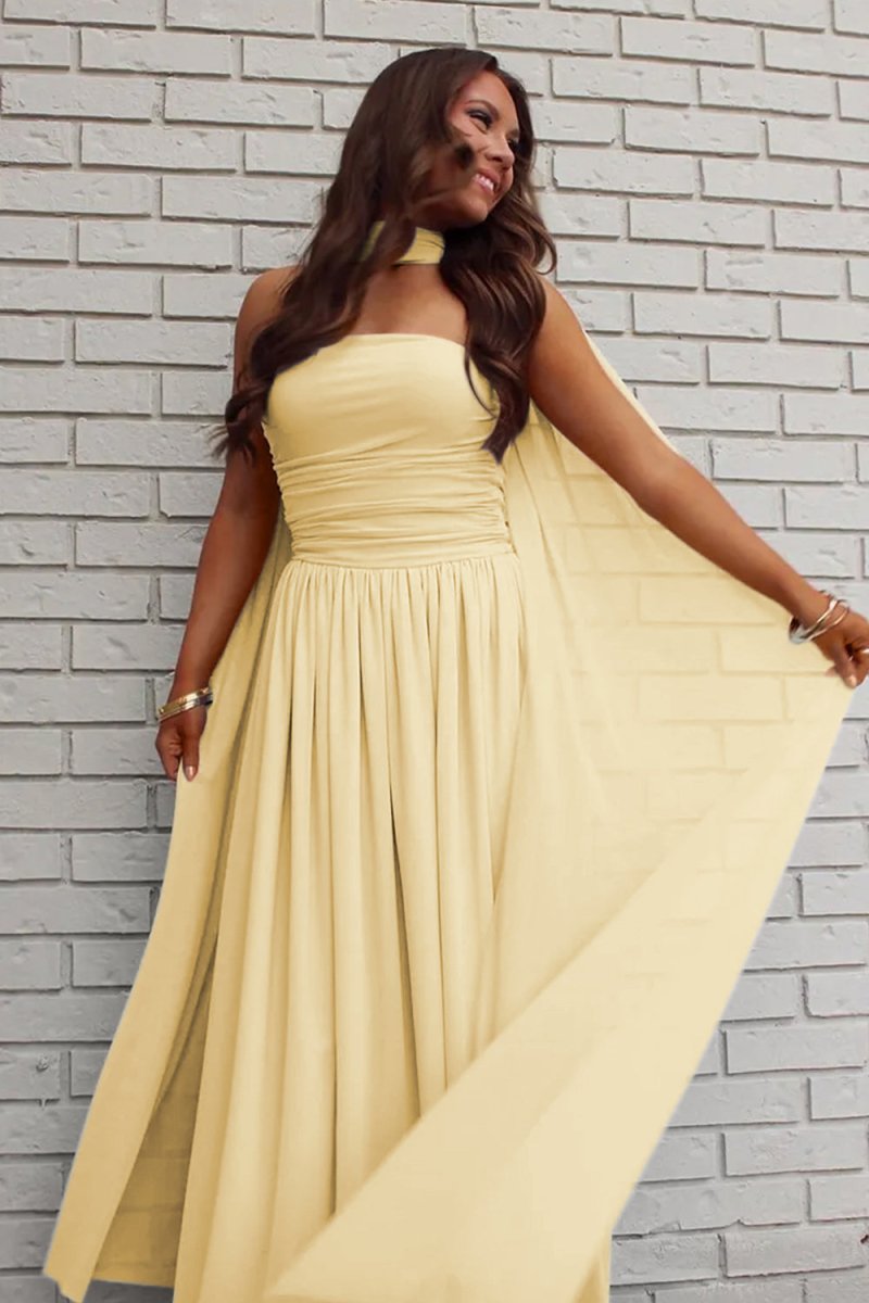 Mallory | Sky Blue - Strapless Chiffon Pleated A Line Long Prom Dresses With Scarf - KissProm