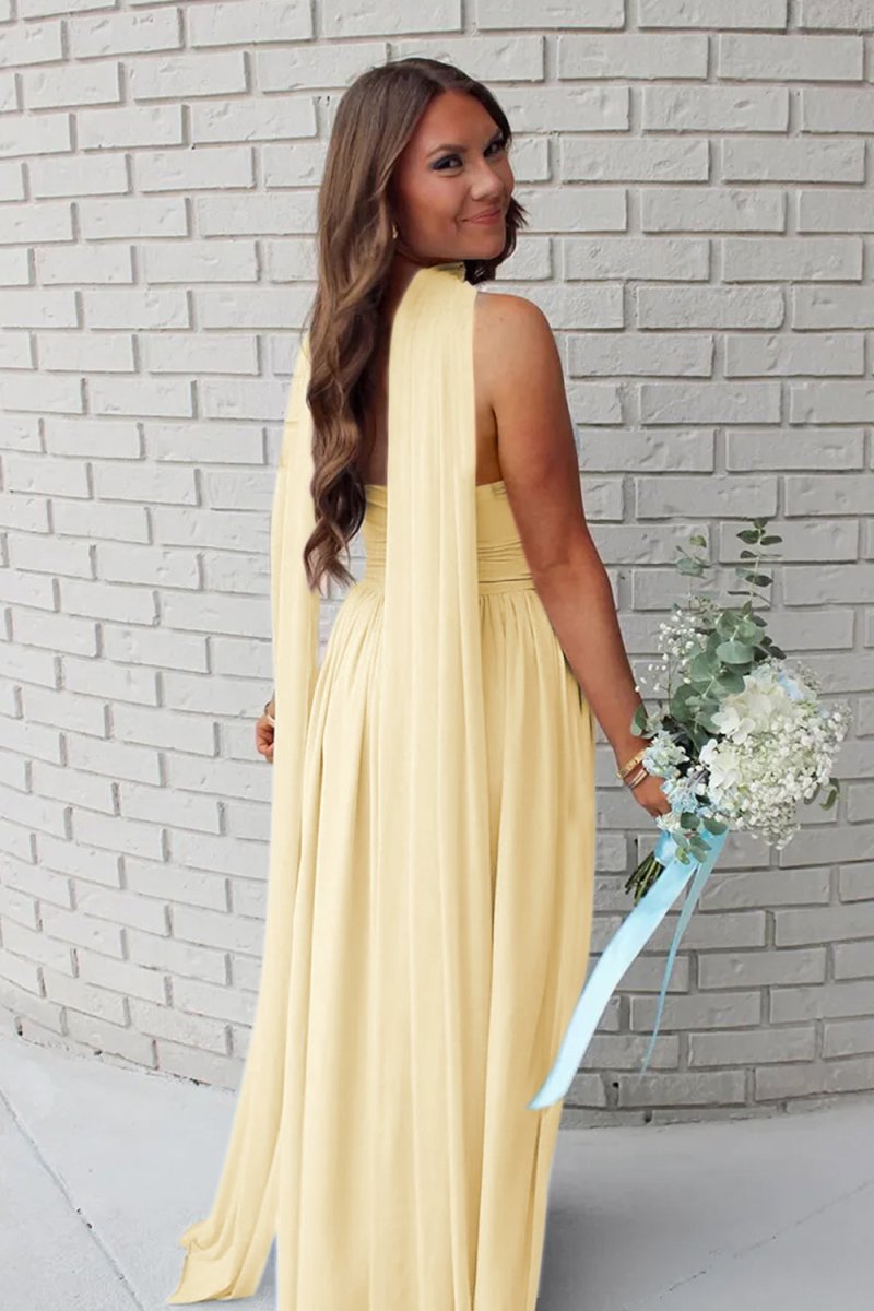 Mallory | Sky Blue - Strapless Chiffon Pleated A Line Long Prom Dresses With Scarf - KissProm