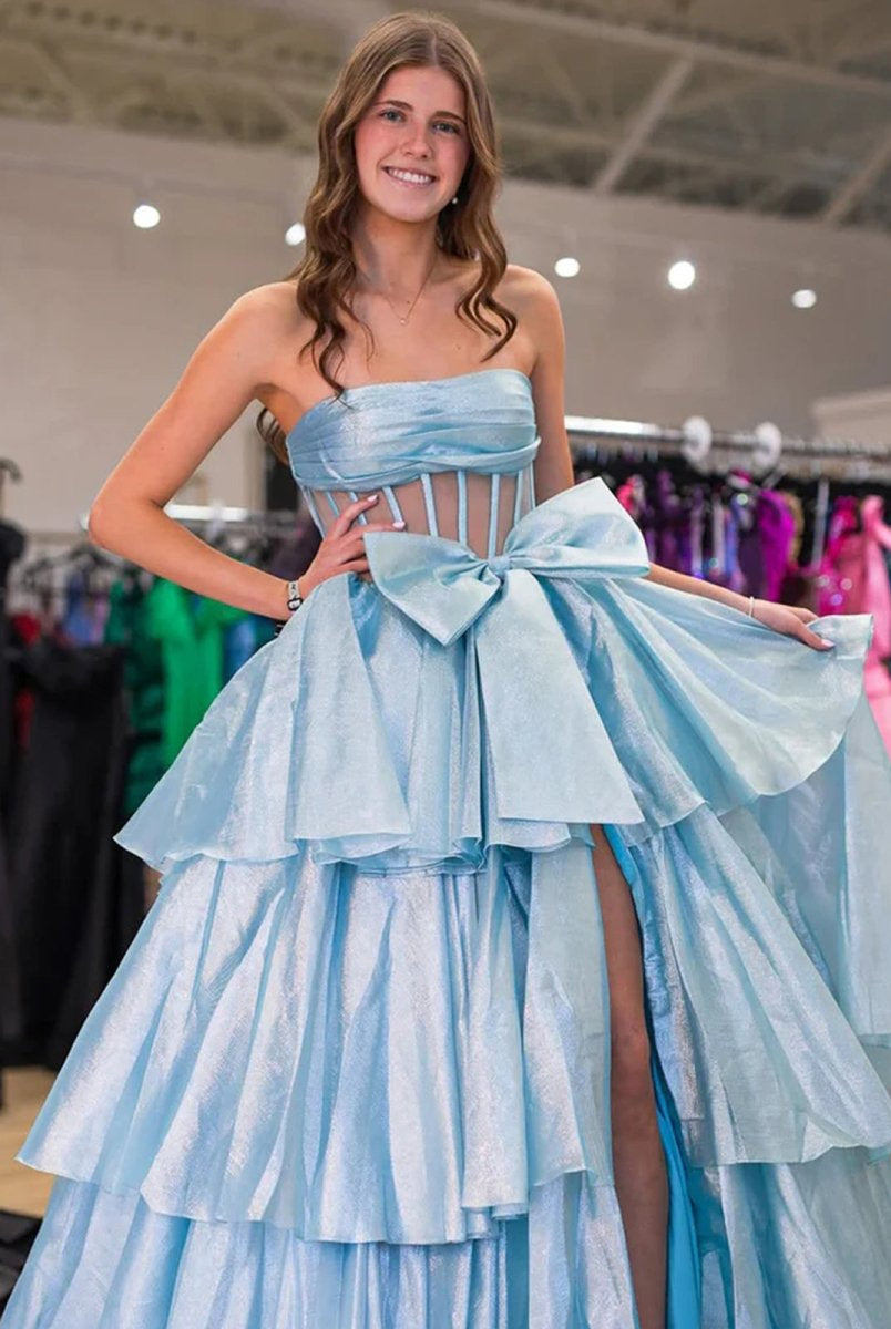 Malvis | Ball Gown Strapless Organza Long Prom Dresses with Bow