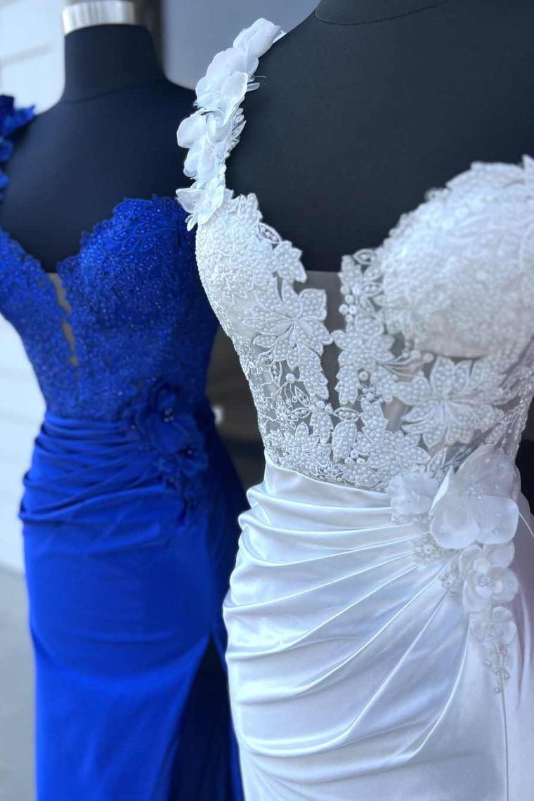 Mandel|Red One - Shoulder 3D Floral Lace Pleated Long Gown with Slit - KissProm