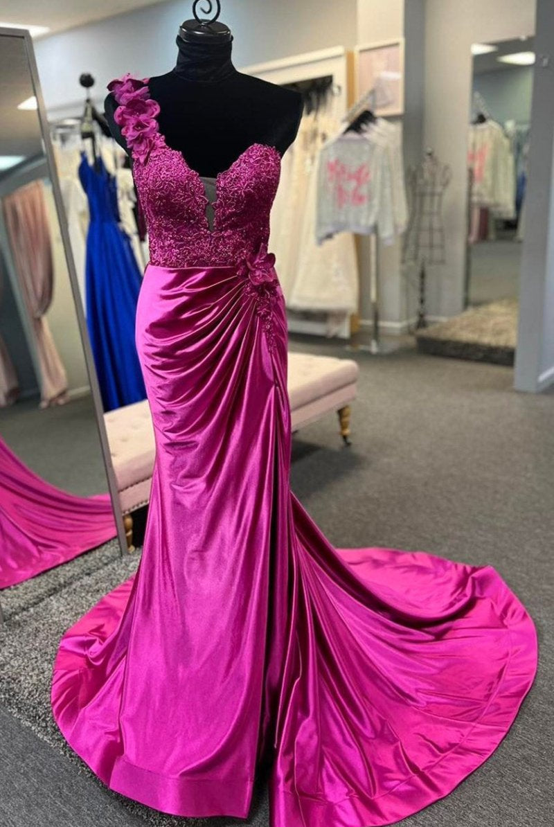 Mandel|Red One - Shoulder 3D Floral Lace Pleated Long Gown with Slit - KissProm