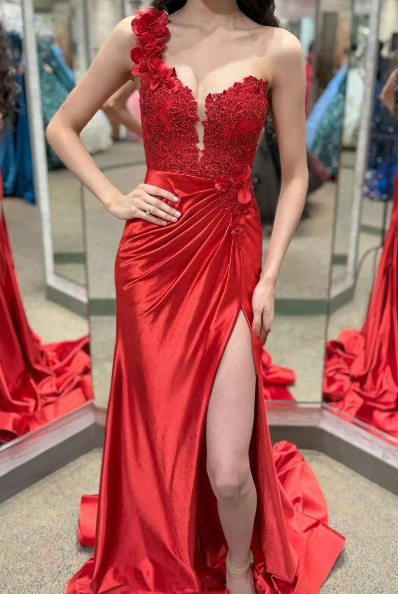 Mandel|Red One - Shoulder 3D Floral Lace Pleated Long Gown with Slit - KissProm