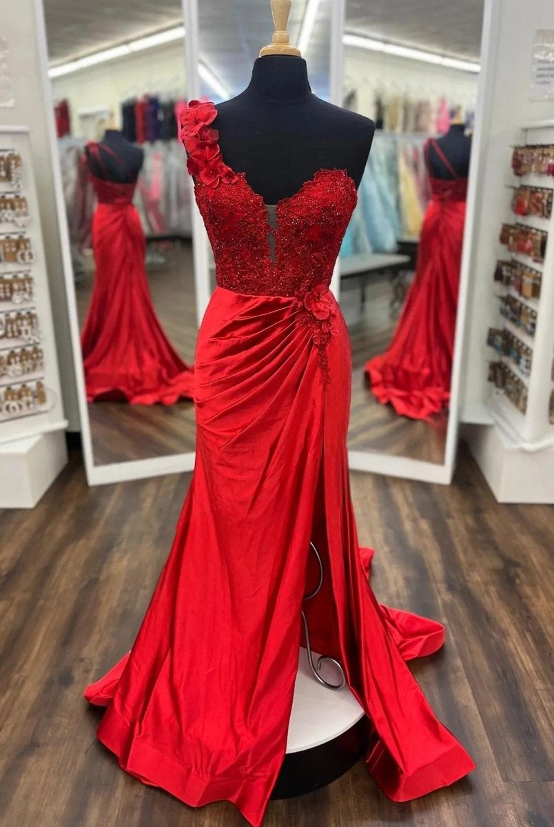 Mandel|Red One - Shoulder 3D Floral Lace Pleated Long Gown with Slit - KissProm