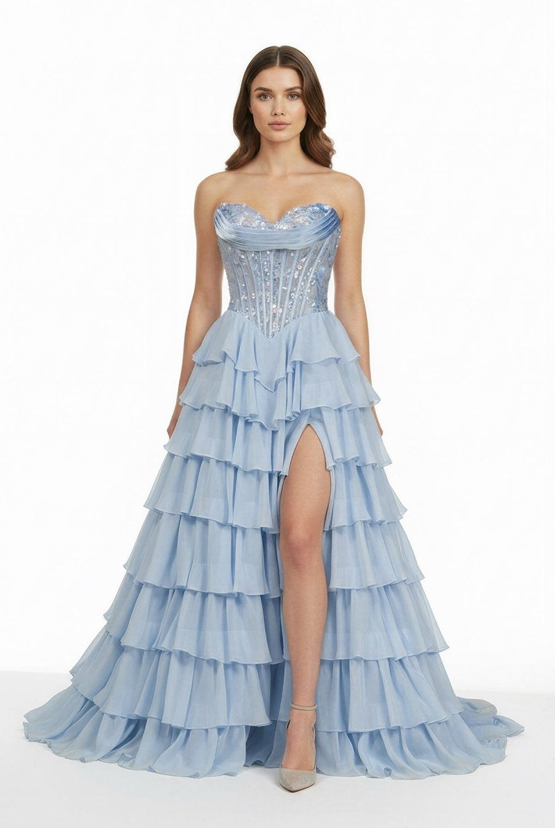 Maravelle | Sky Blue - Strapless A Line Chiffon Ruffled Long Formal Prom Dresses With Sequins - KissProm