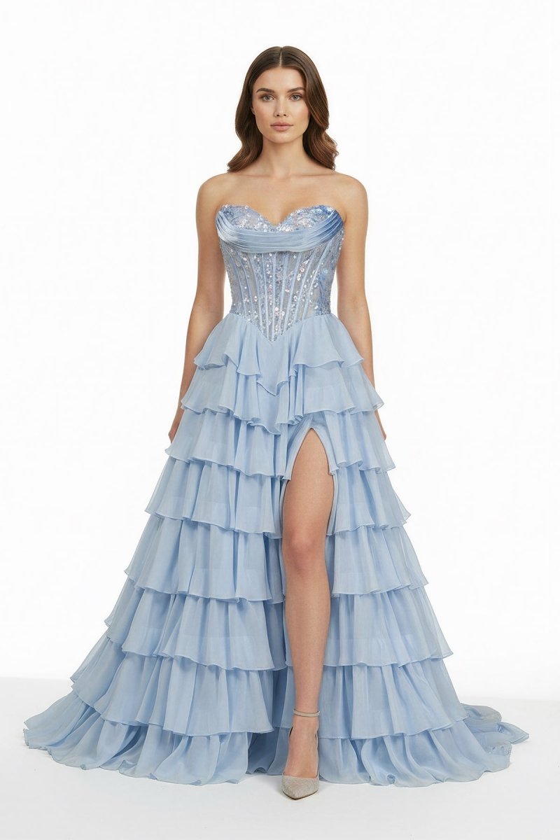 Maravelle | Sky Blue - Strapless A Line Chiffon Ruffled Long Formal Prom Dresses With Sequins - KissProm