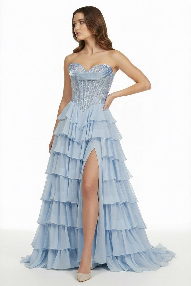 Maravelle | Sky Blue - Strapless A Line Chiffon Ruffled Long Formal Prom Dresses With Sequins - KissProm