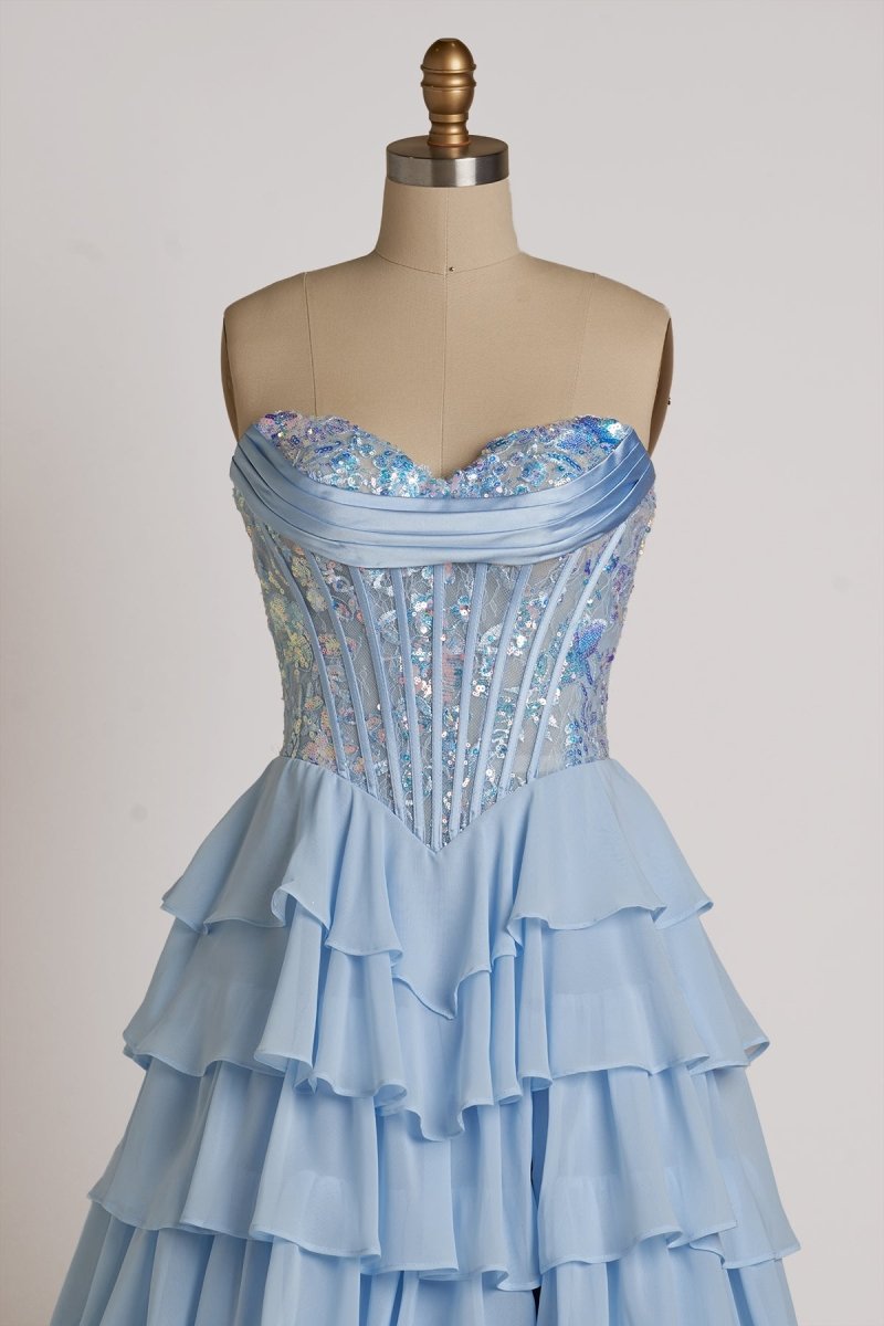 Maravelle | Sky Blue - Strapless A Line Chiffon Ruffled Long Formal Prom Dresses With Sequins - KissProm