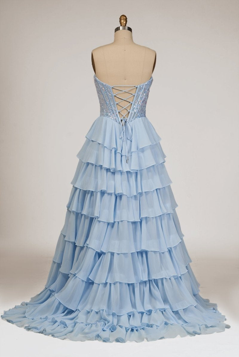 Maravelle | Sky Blue - Strapless A Line Chiffon Ruffled Long Formal Prom Dresses With Sequins - KissProm
