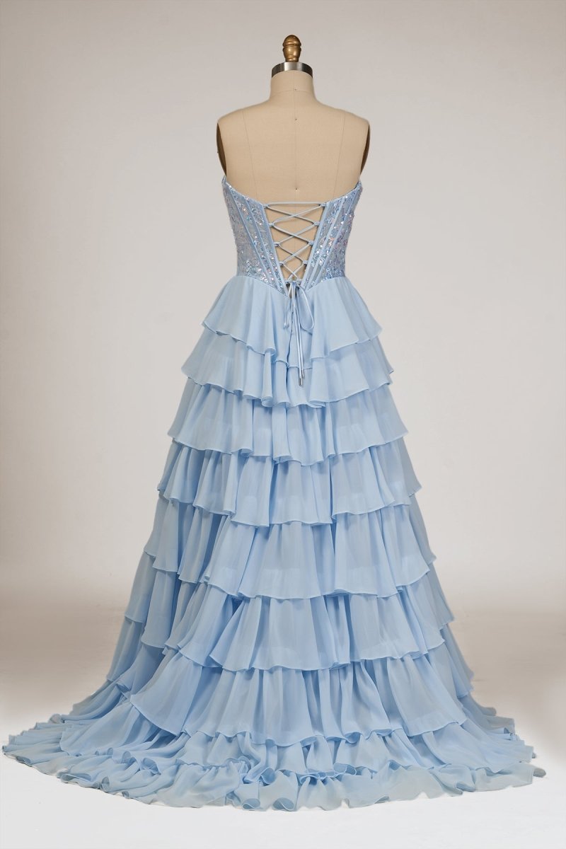 Maravelle | Sky Blue - Strapless A Line Chiffon Ruffled Long Formal Prom Dresses With Sequins - KissProm