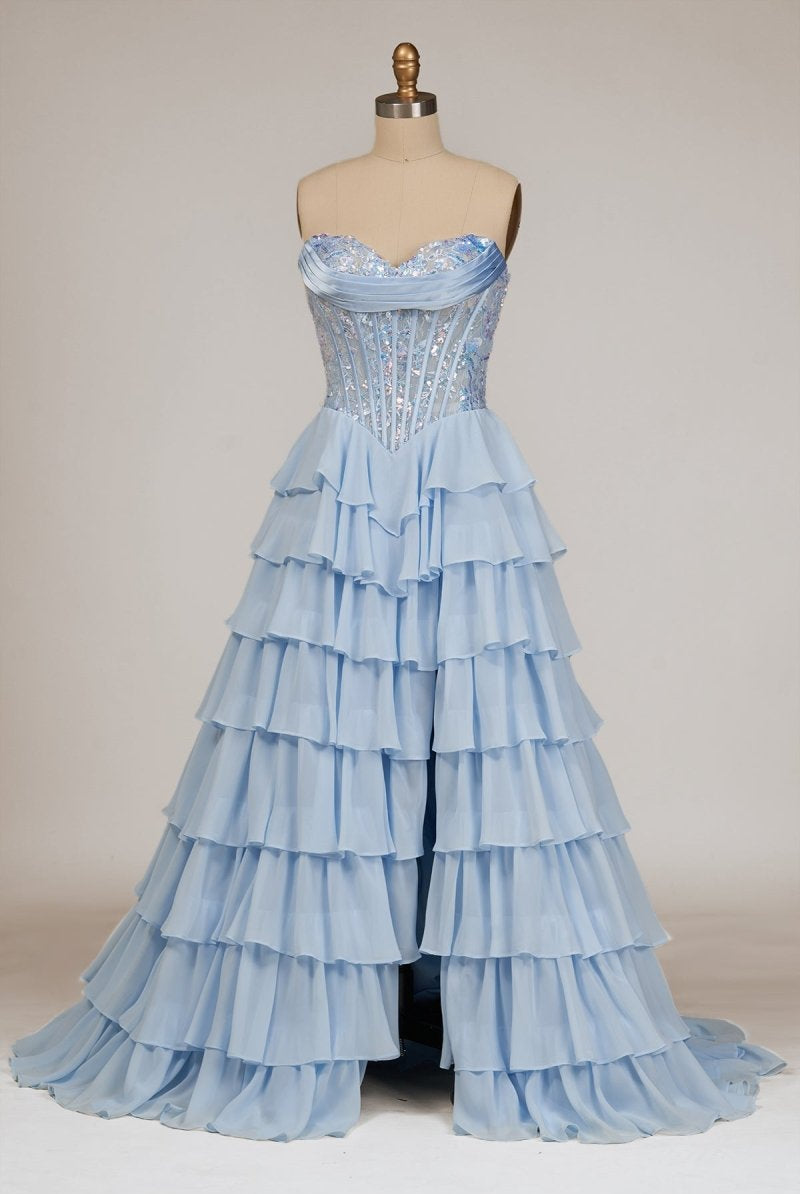 Maravelle | Sky Blue - Strapless A Line Chiffon Ruffled Long Formal Prom Dresses With Sequins - KissProm