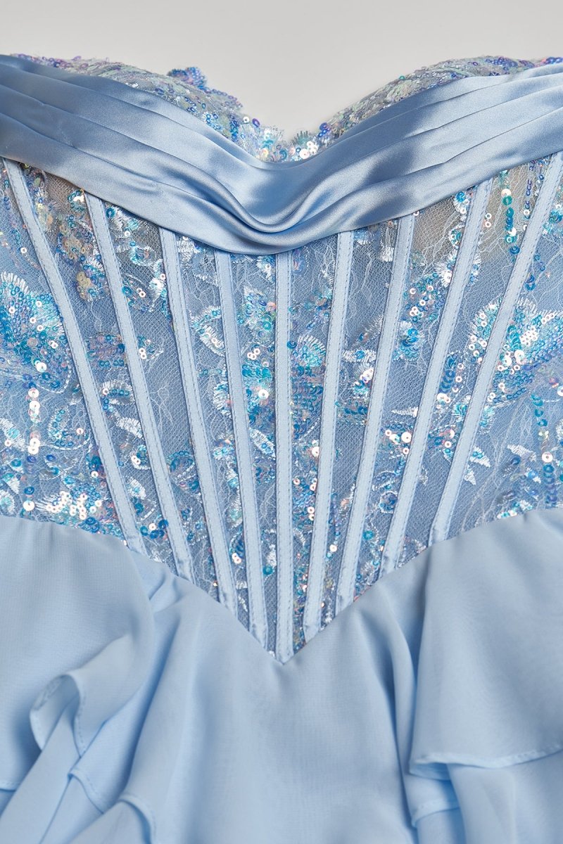 Maravelle | Sky Blue - Strapless A Line Chiffon Ruffled Long Formal Prom Dresses With Sequins - KissProm