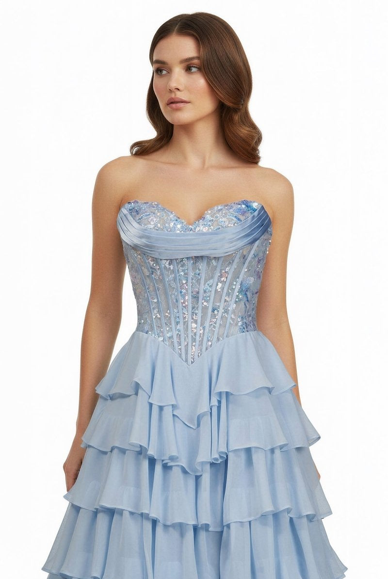 Maravelle | Sky Blue - Strapless A Line Chiffon Ruffled Long Formal Prom Dresses With Sequins - KissProm
