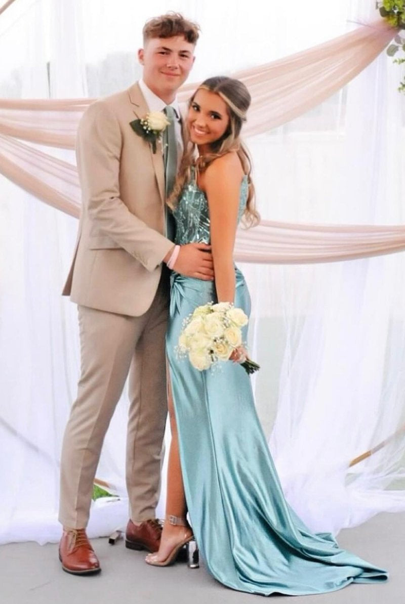 Marcia | Blue Spaghetti Straps Satin Mermaid Long Prom Dress With Beading - KissProm