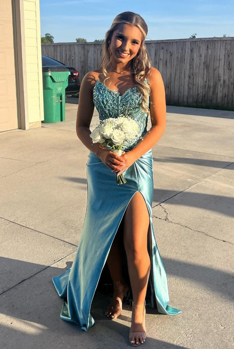 Marcia | Blue Spaghetti Straps Satin Mermaid Long Prom Dress With Beading - KissProm