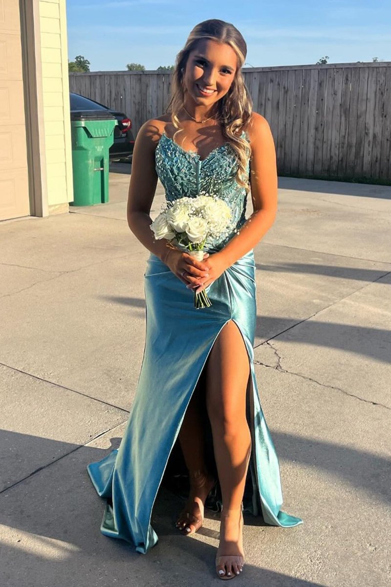 MarciaBlue Spaghetti Straps Satin Mermaid Long Prom Dress With Beadin