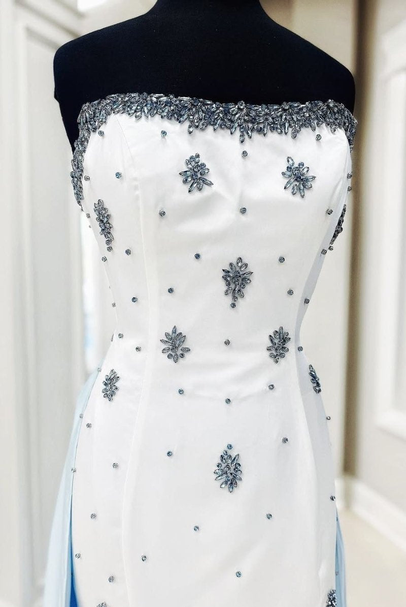 Marguerite | White Strapless A - Line Beads Side Slit Formal Prom Dress With Train - KissProm